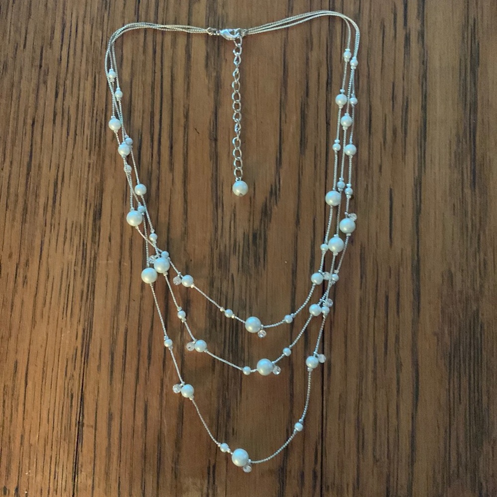 Multi strand Silvertone, pearl and pave crystal accent necklace